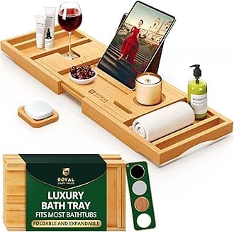 ROYAL CRAFT WOOD Premium Foldable Bathtub Tray Caddy - Wood Bath Tray for Tub, Bamboo Shelf, Expandable Bath Table Trays, Bathtub & Bathroom Accessories for New Home & Mothers, Birthday Gifts for Mom