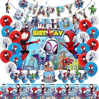 Spidey Birthday Decorations, Party Supplies Set Include Banner, Backdrop, Balloons, Hanging Swirls, Cake Cupcake Toppers, Tablecloth for Boys Girls Spidey Theme Party